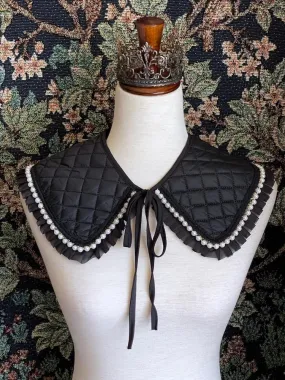 Historically Inspired Quilted Round Collar with Ruffle & Pearl Trim in Black