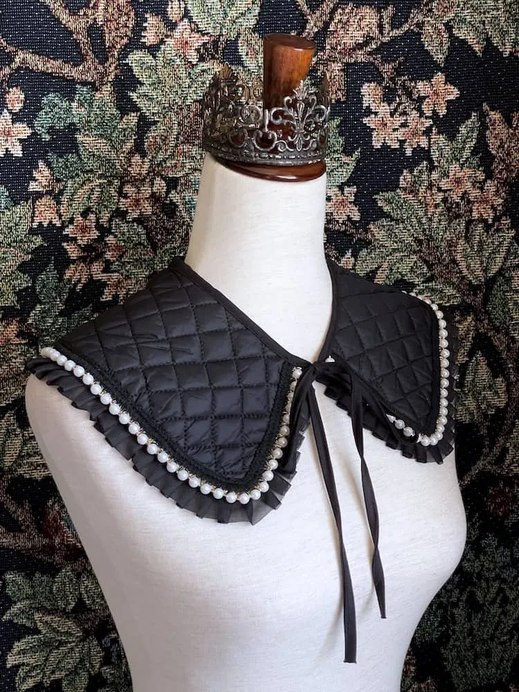 Historically Inspired Quilted Round Collar with Ruffle & Pearl Trim in Black