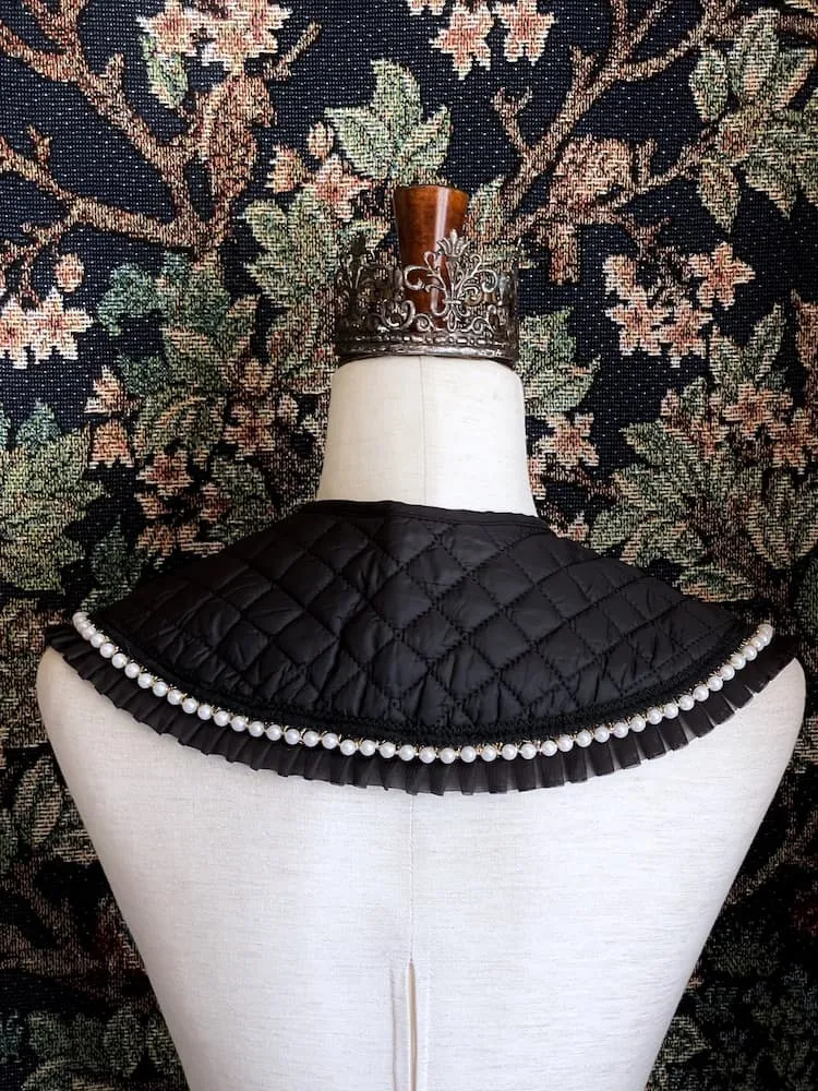 Historically Inspired Quilted Round Collar with Ruffle & Pearl Trim in Black