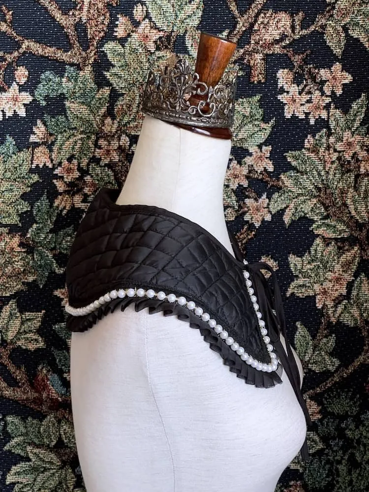 Historically Inspired Quilted Round Collar with Ruffle & Pearl Trim in Black