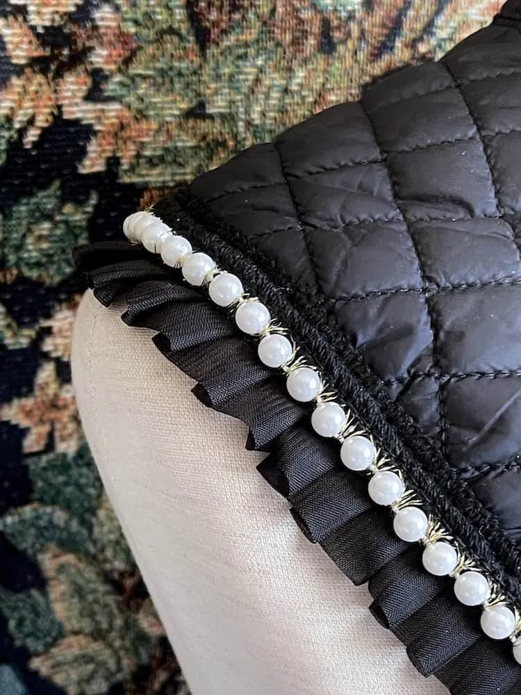 Historically Inspired Quilted Round Collar with Ruffle & Pearl Trim in Black