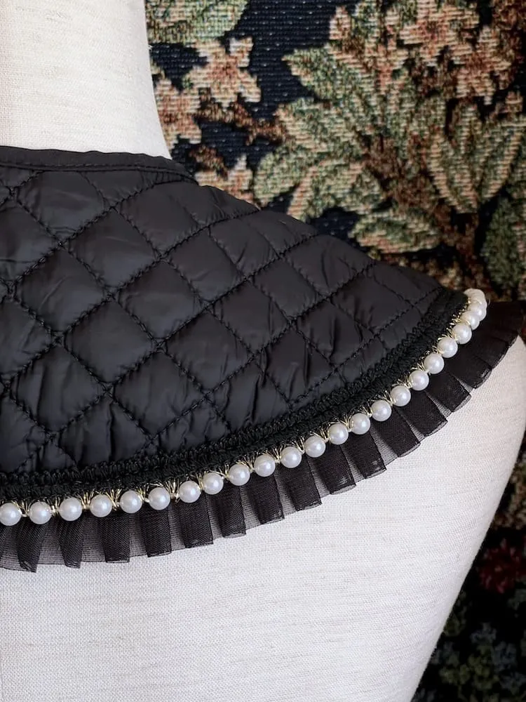 Historically Inspired Quilted Round Collar with Ruffle & Pearl Trim in Black