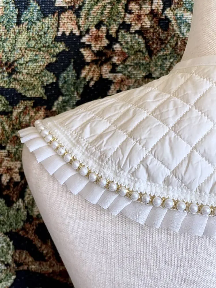 Historically Inspired Quilted Round Collar with Ruffle & Pearl Trim in Ivory/White