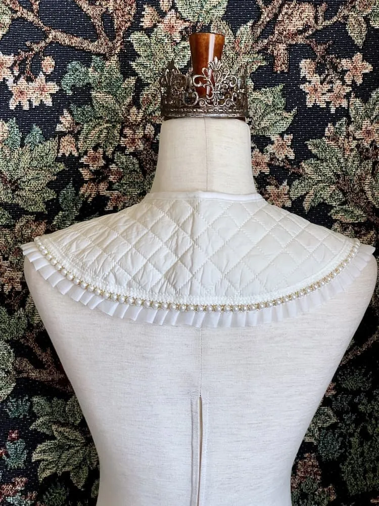 Historically Inspired Quilted Round Collar with Ruffle & Pearl Trim in Ivory/White