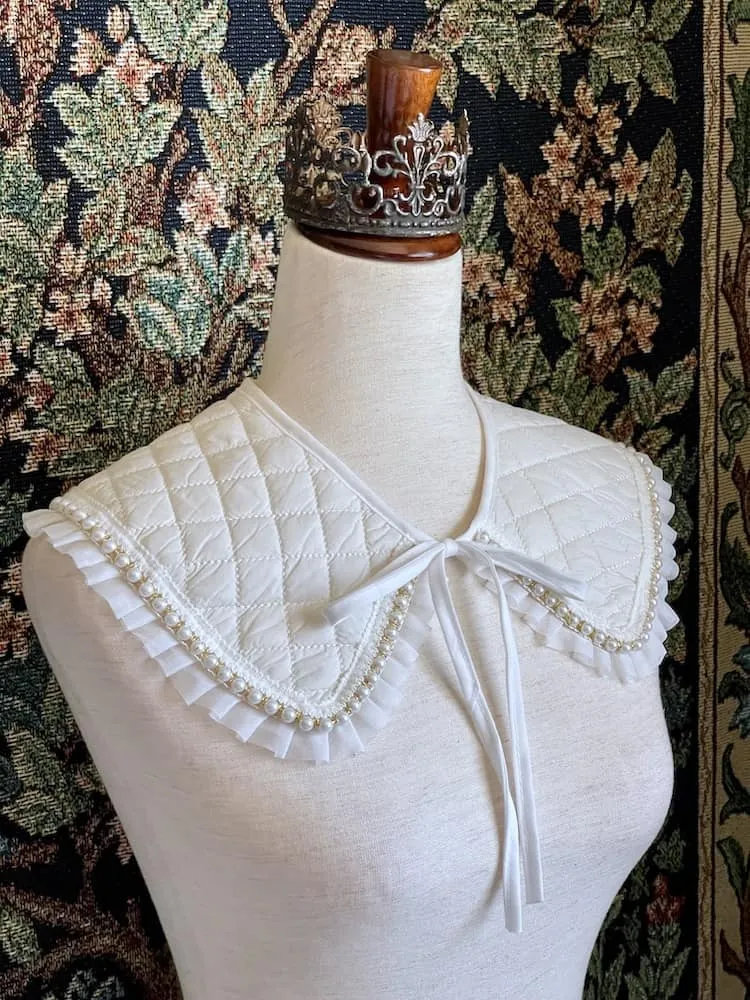 Historically Inspired Quilted Round Collar with Ruffle & Pearl Trim in Ivory/White