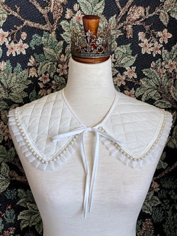 Historically Inspired Quilted Round Collar with Ruffle & Pearl Trim in Ivory/White