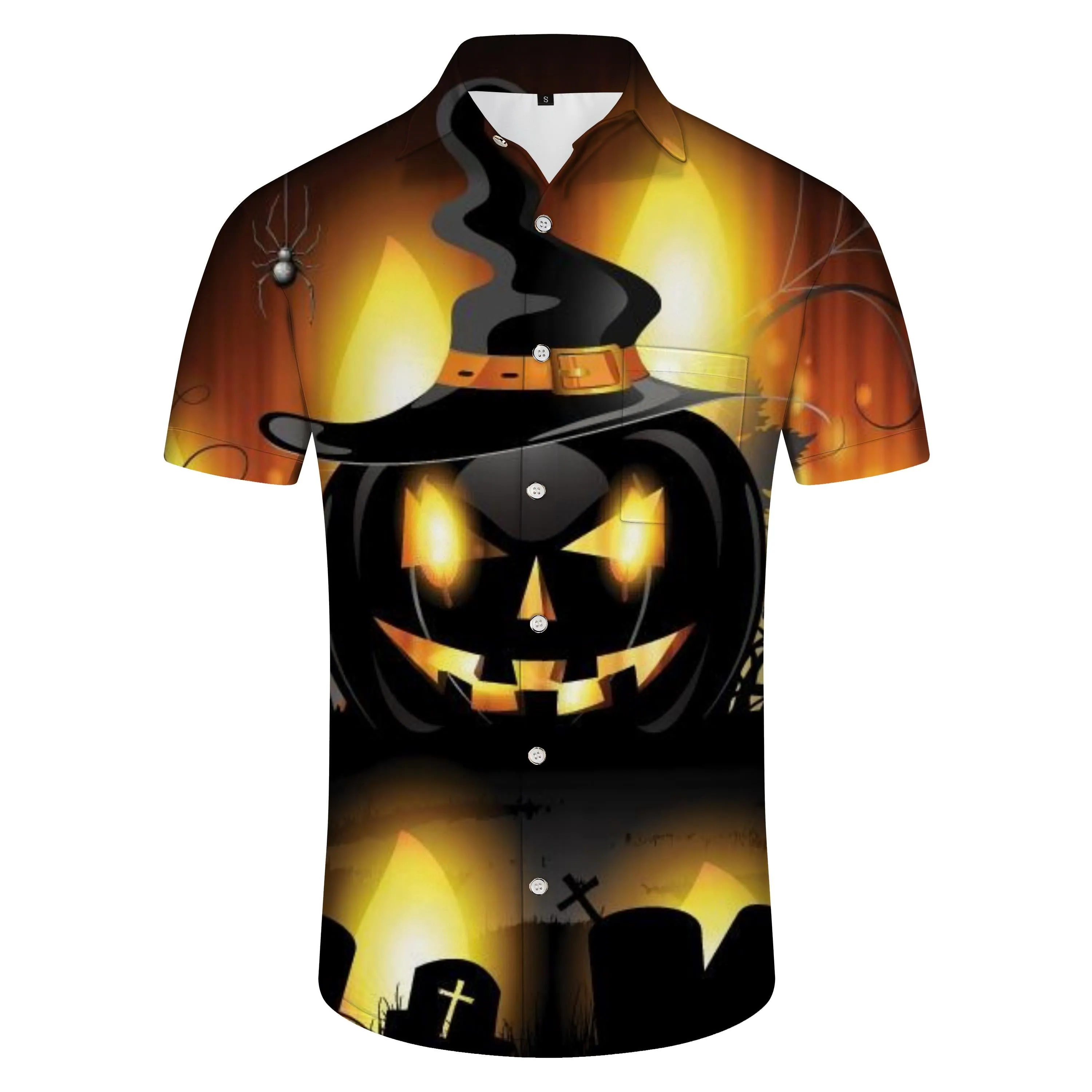 Horror pumpkin lantern Hawaiian men's outdoor button-down shirt short-sleeved casual summer beach style