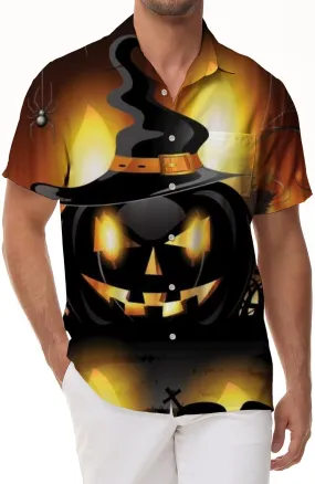 Horror pumpkin lantern Hawaiian men's outdoor button-down shirt short-sleeved casual summer beach style