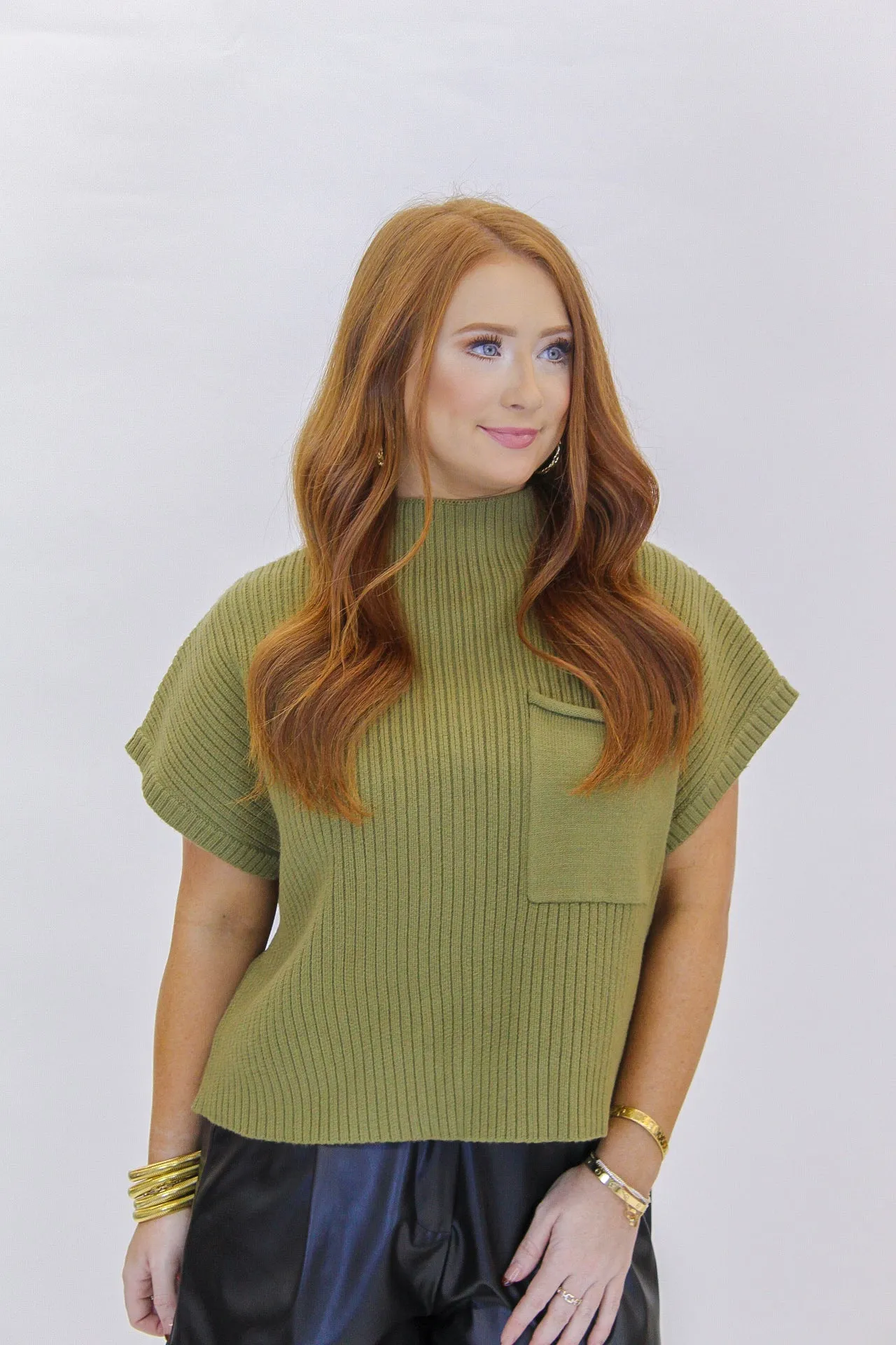 In the Fall Mock Neck Sweater Top- Olive