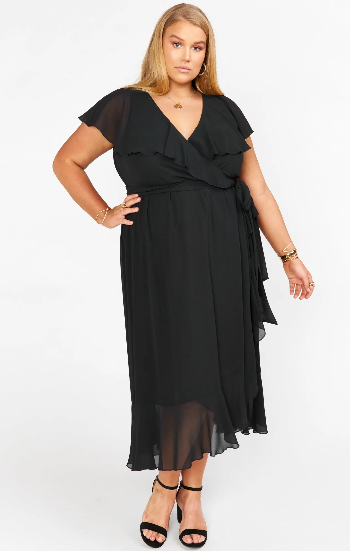 Jess Ruffle Midi Dress ~ Black Chiffon