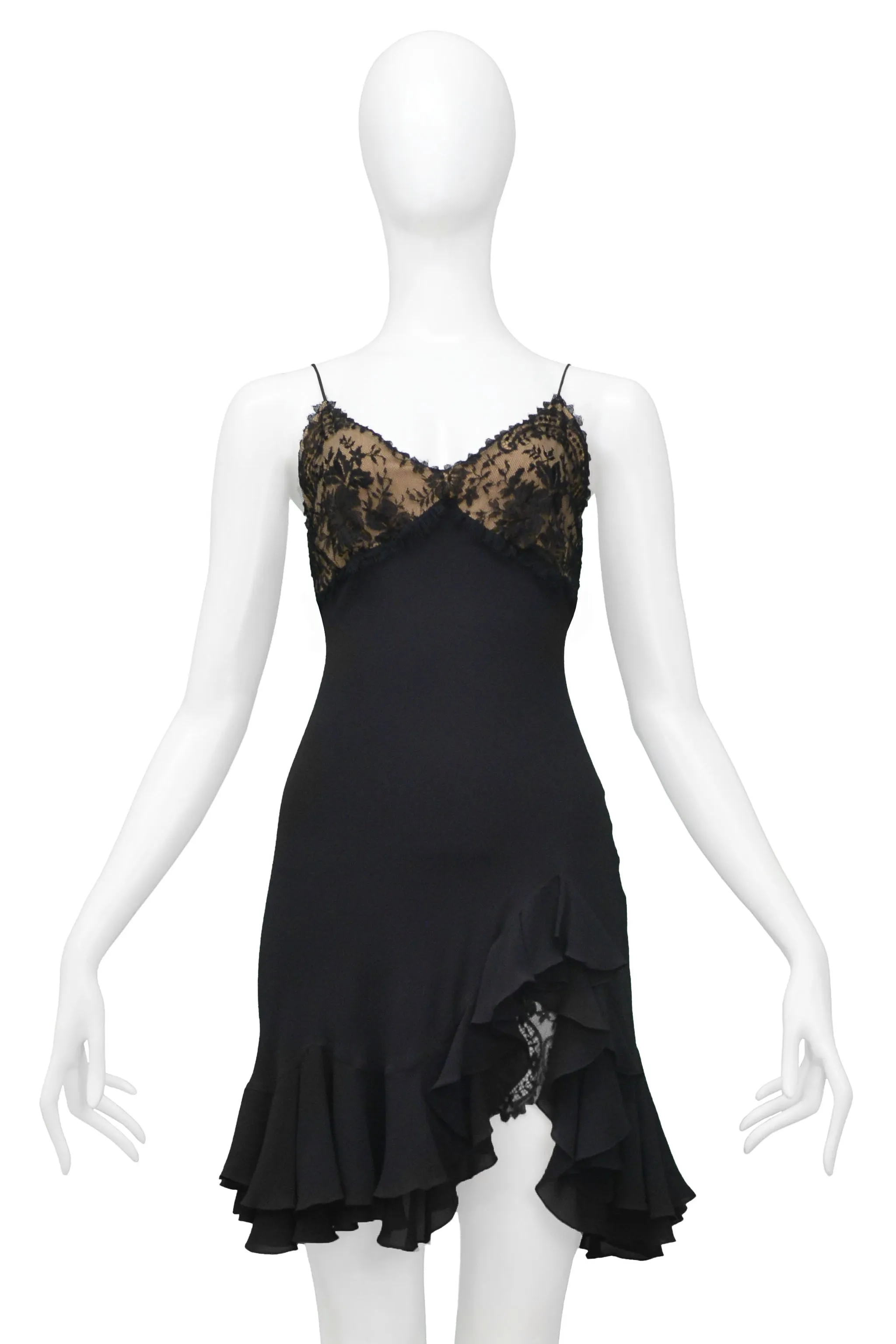 JOHN GALLIANO BLACK MINI SLIP DRESS WITH LACE BODICE 1997