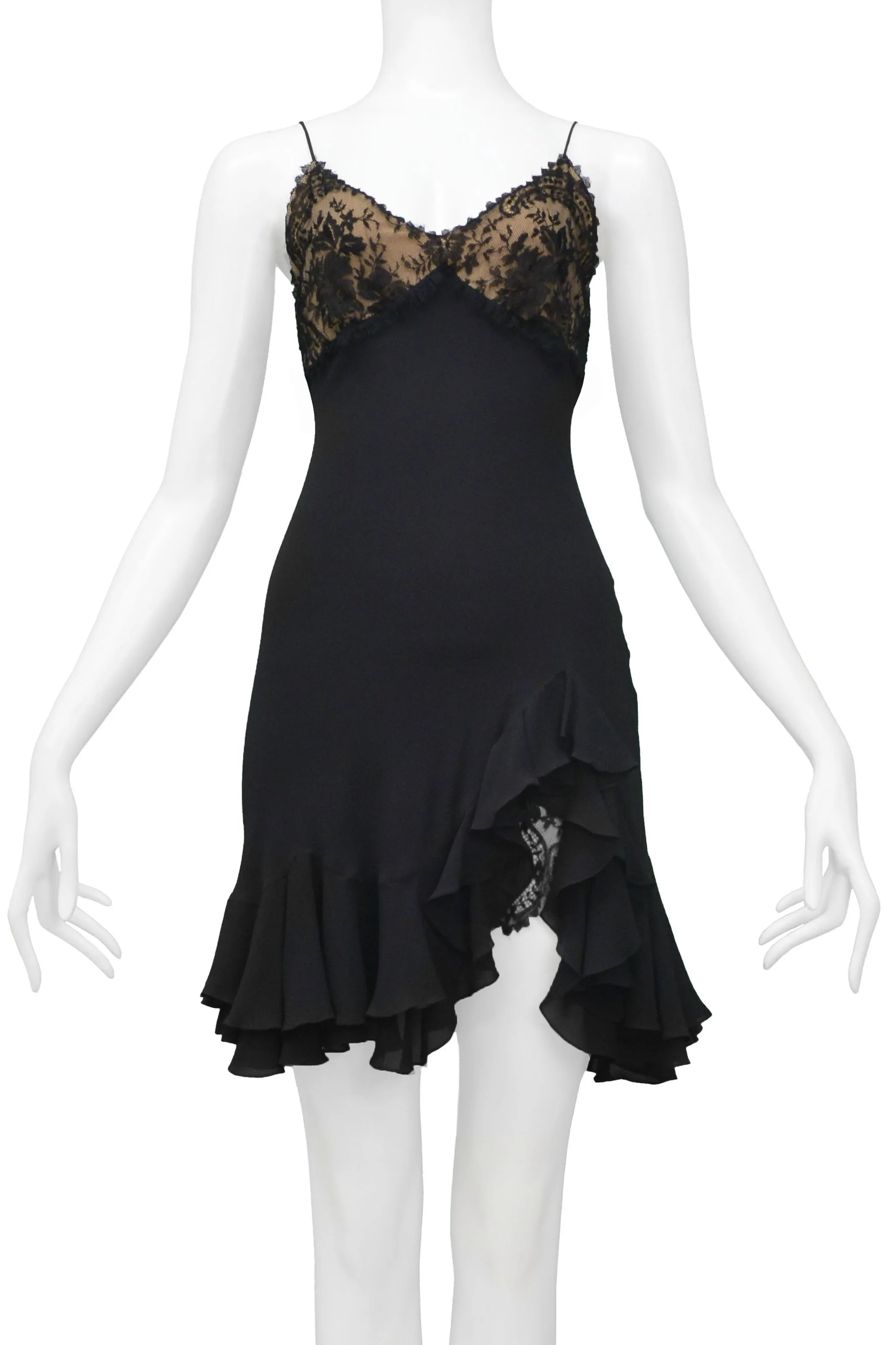 JOHN GALLIANO BLACK MINI SLIP DRESS WITH LACE BODICE 1997