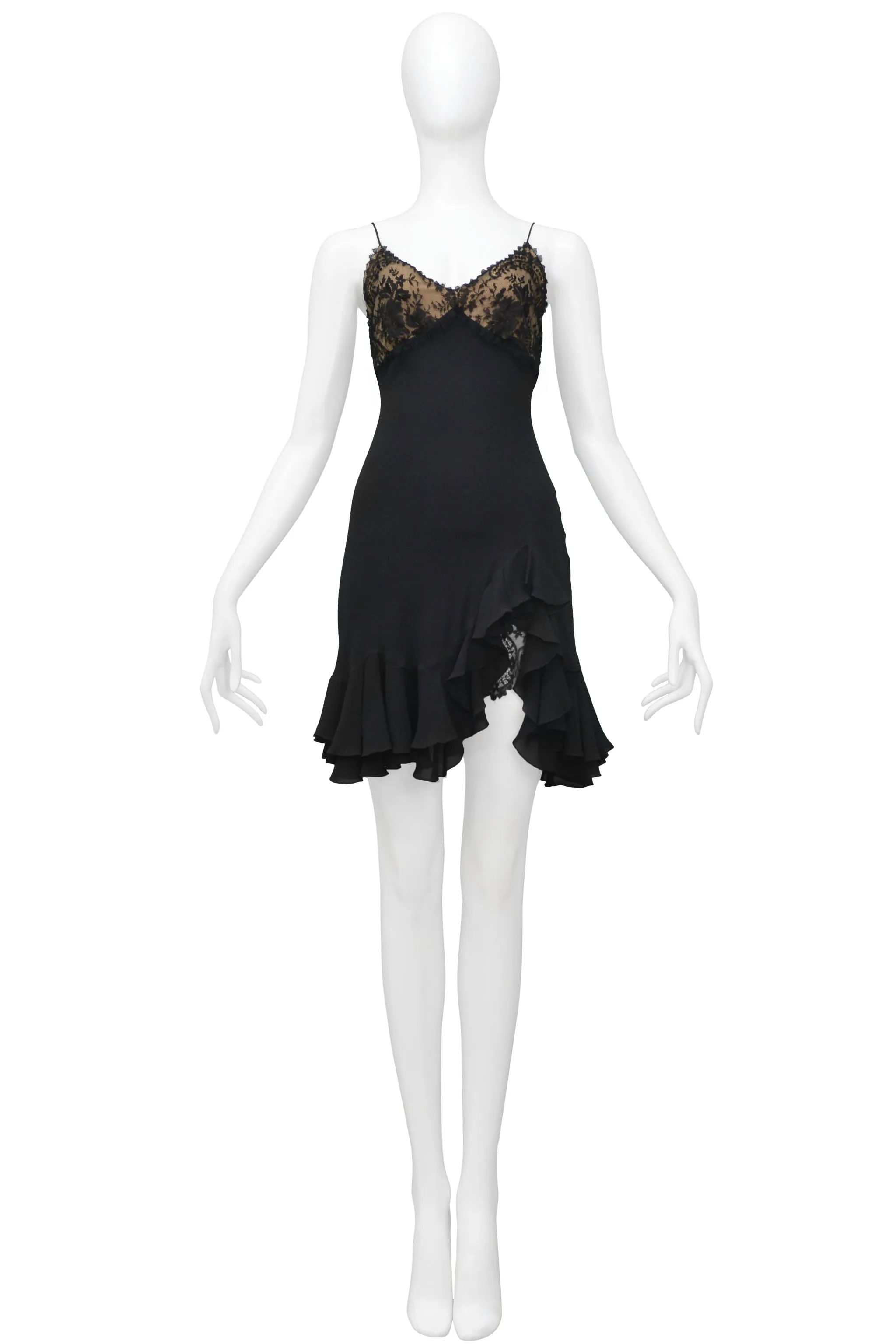 JOHN GALLIANO BLACK MINI SLIP DRESS WITH LACE BODICE 1997