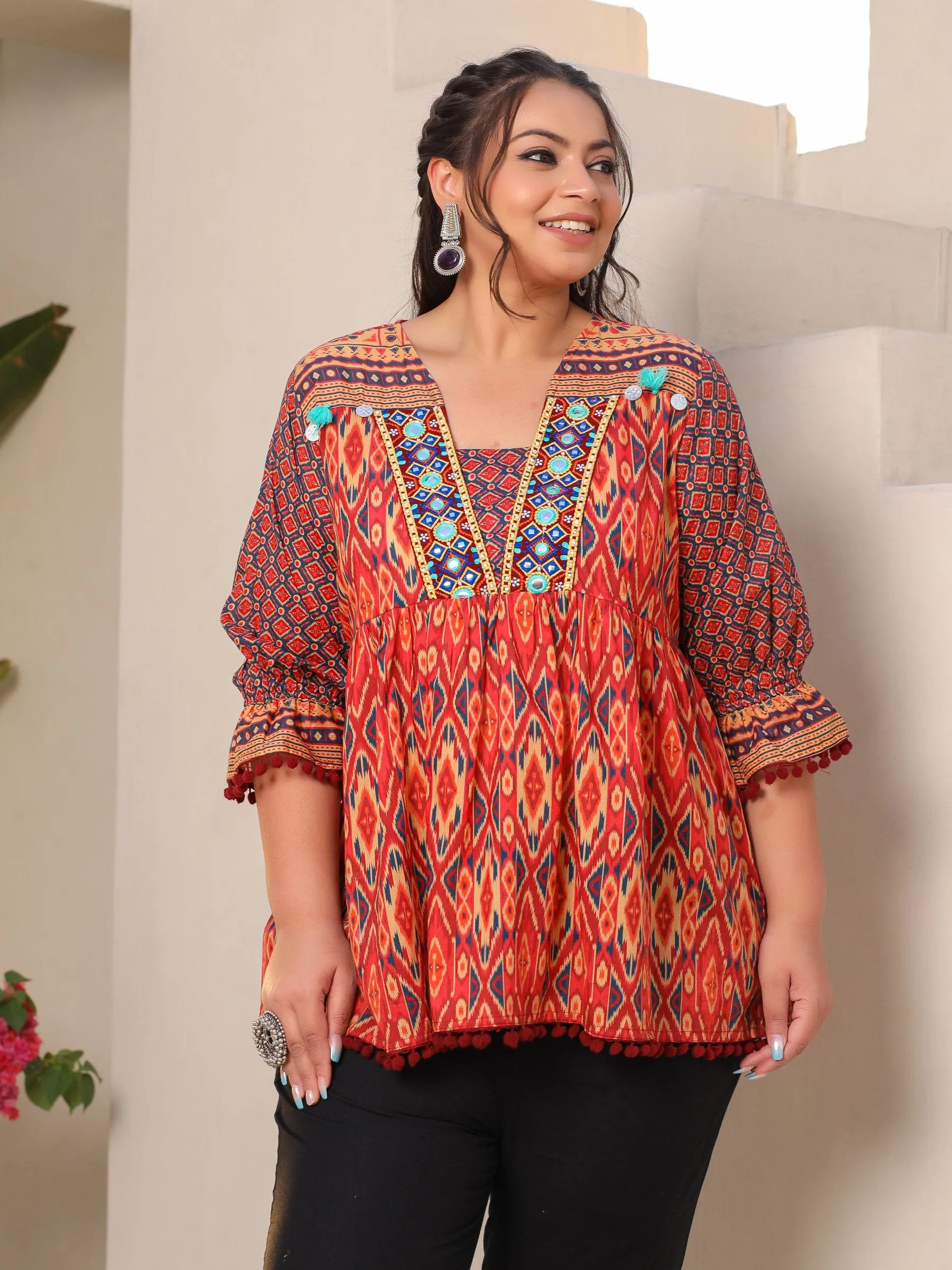 Juniper Orange Ikat Printed Peplum Cotton Plus Size Tunic With Mirror Work & Lace