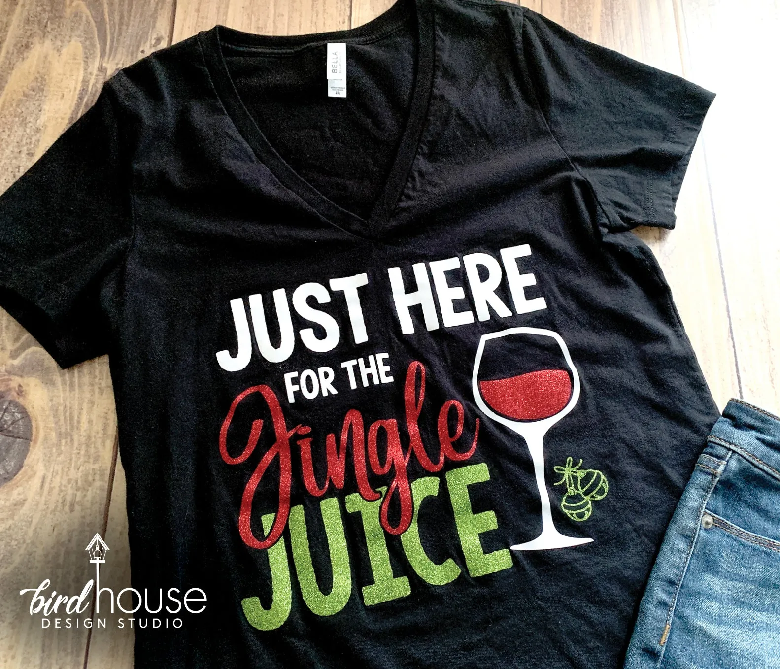 Just here for the Jingle Juice, Cute Christmas Shirt, Wine, Pajamas in Glitter