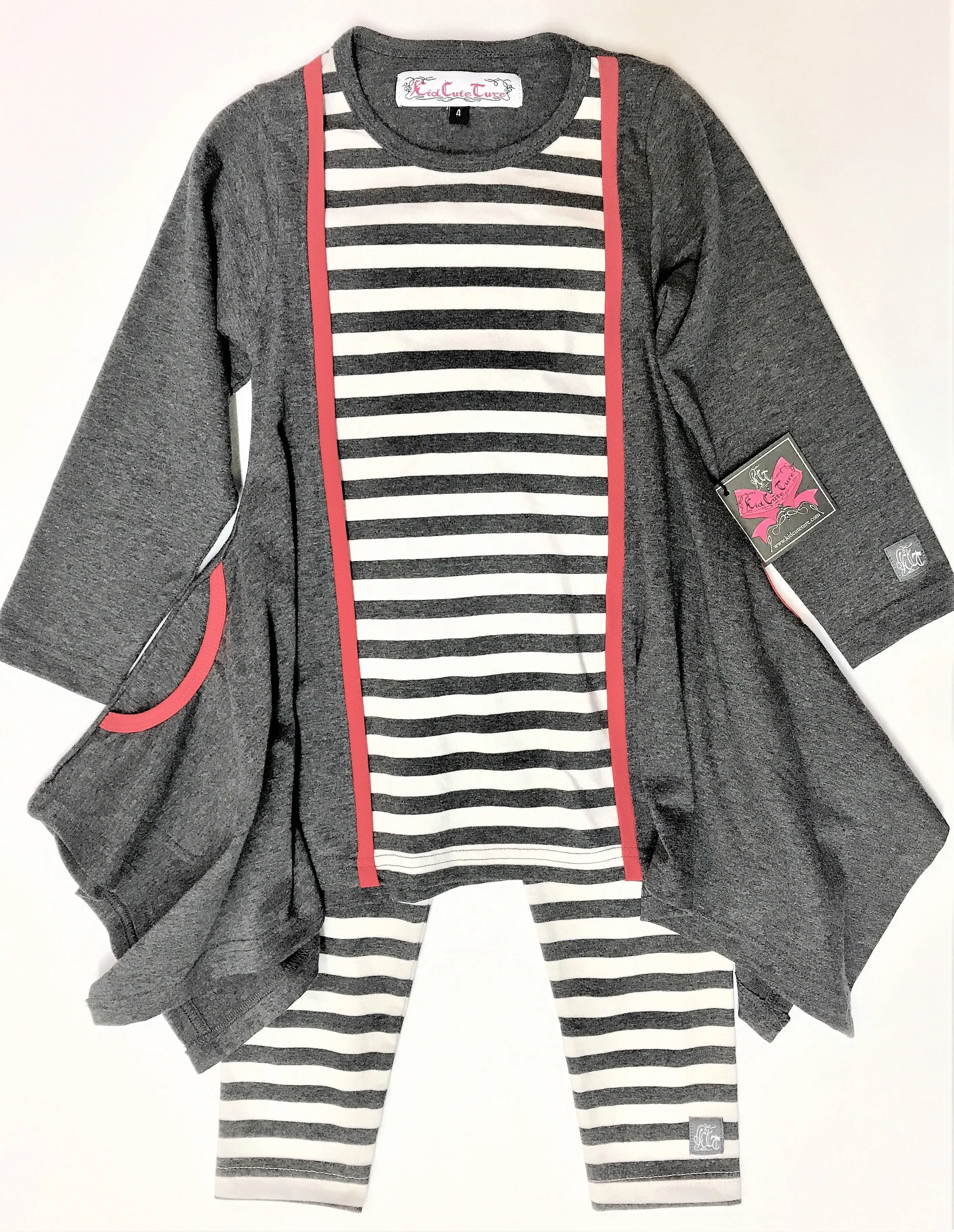 KidCuteTure 2Pc Charcoal And White Striped Tunic Set