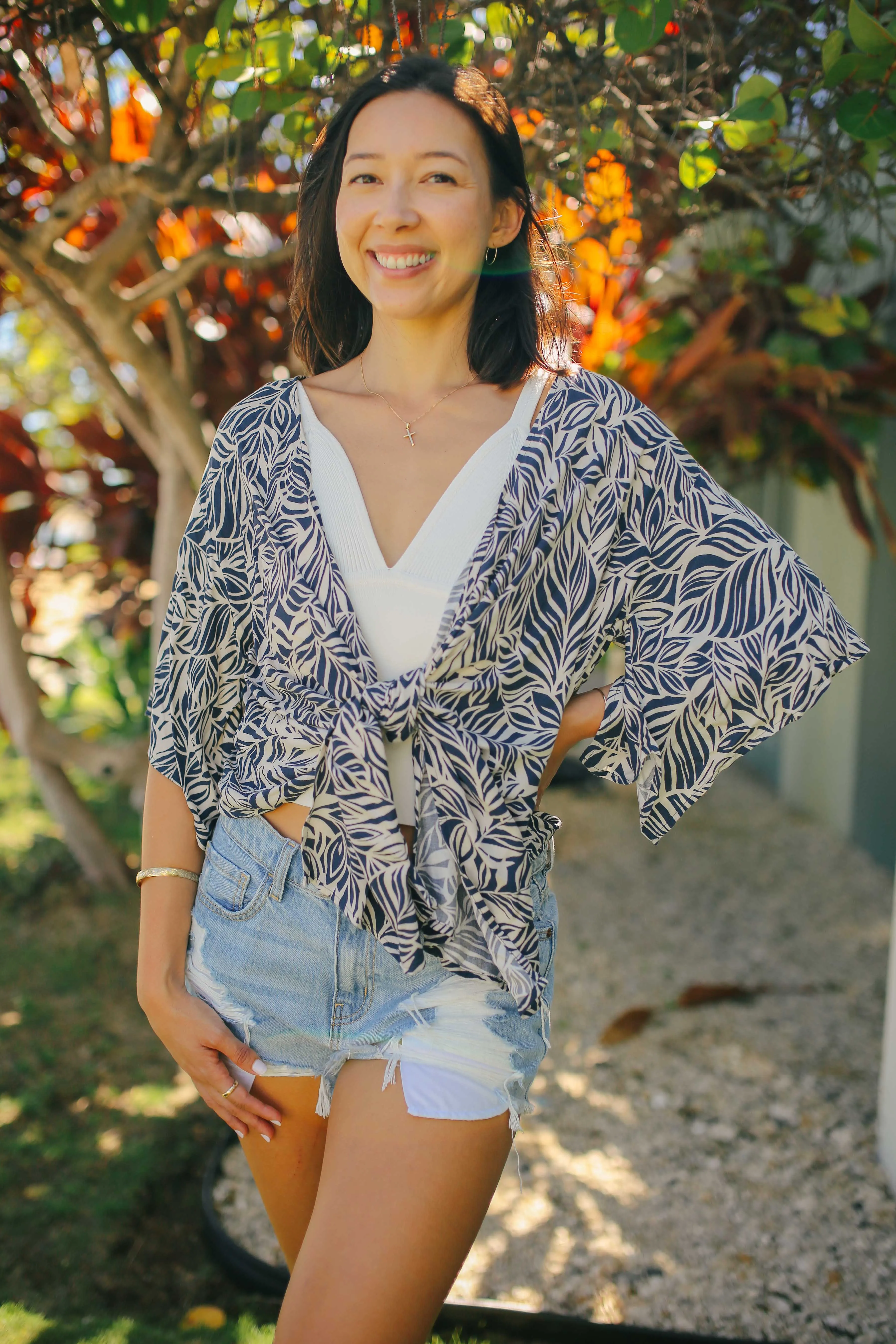 Leaf Print Tie Front Top