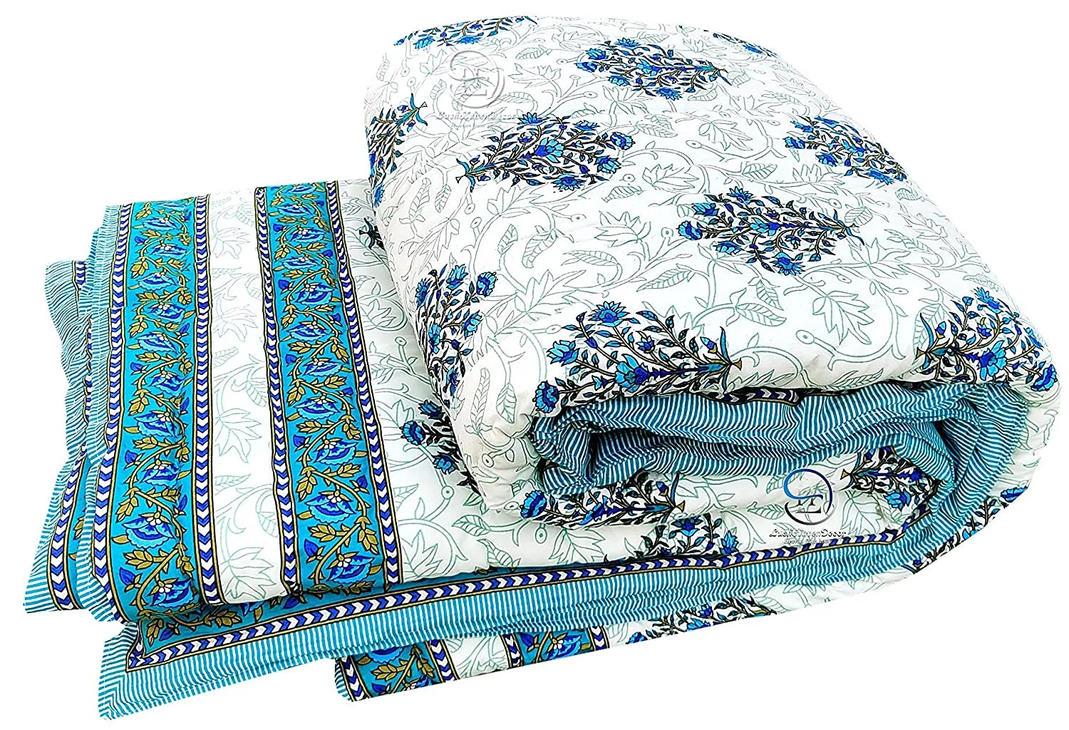 LushHavenDecor Rajasthani Cotton Jaipuri Razai Flower Print with Border Design Single Bed Reversible rajai dohar Quilt 55x85 Inch Set of 1, Blue and Green