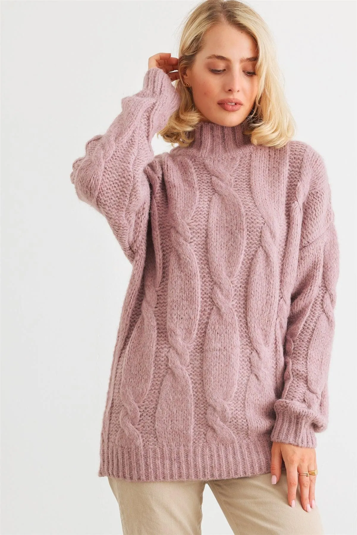 Mauve Cable Knit Turtle Neck Long Sleeve Sweater /1-1-1