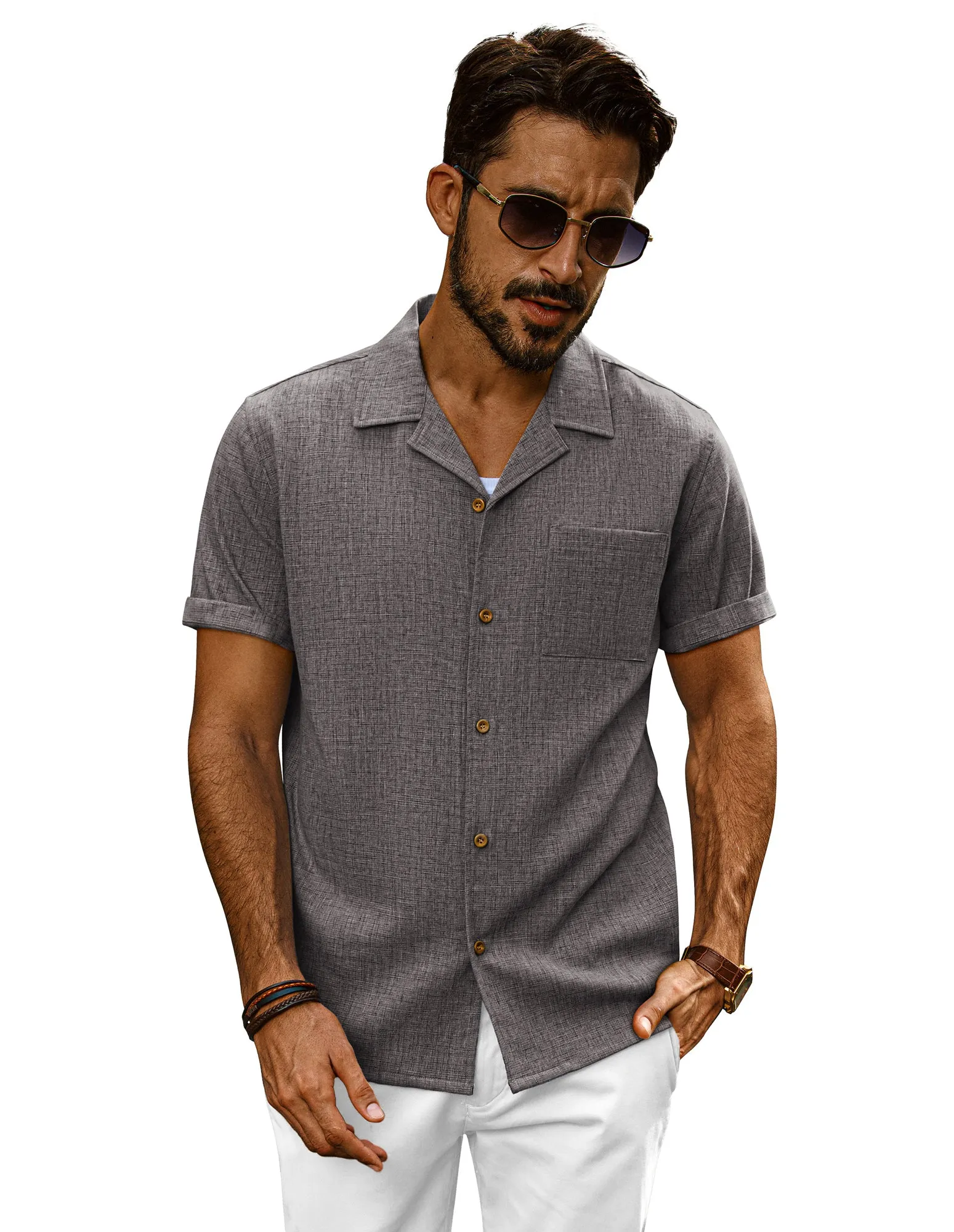 Men Basic Camp-Collar Shirt Casual Short Sleeve Button-up Tops