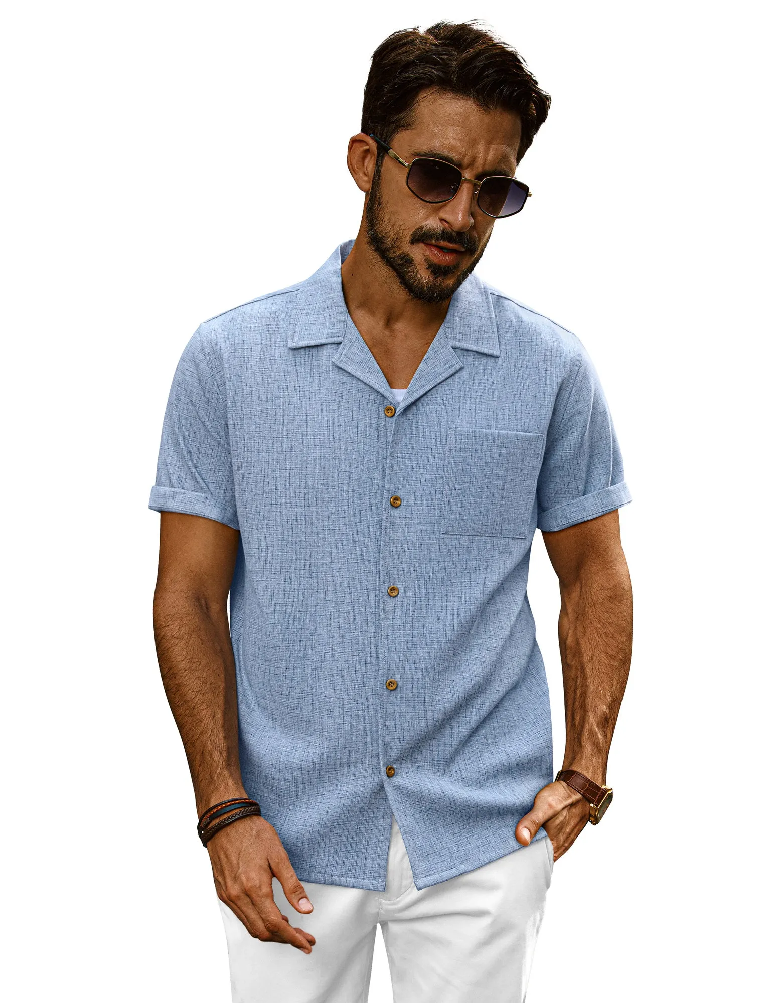 Men Basic Camp-Collar Shirt Casual Short Sleeve Button-up Tops