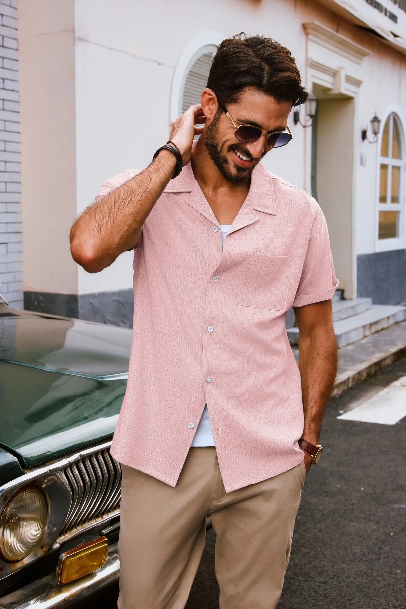 Men Basic Camp-Collar Shirt Casual Short Sleeve Button-up Tops