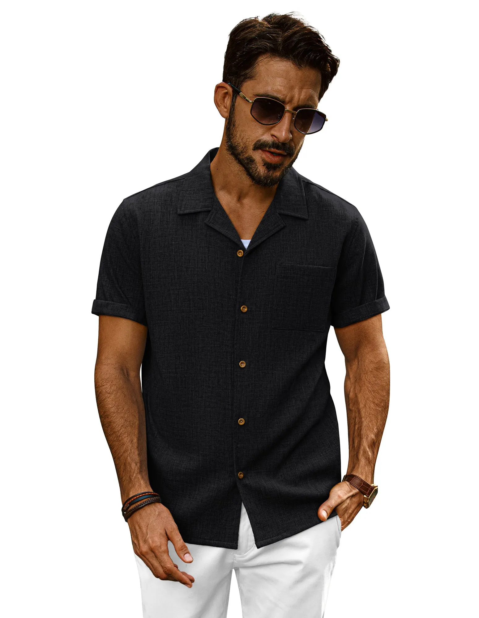 Men Basic Camp-Collar Shirt Casual Short Sleeve Button-up Tops