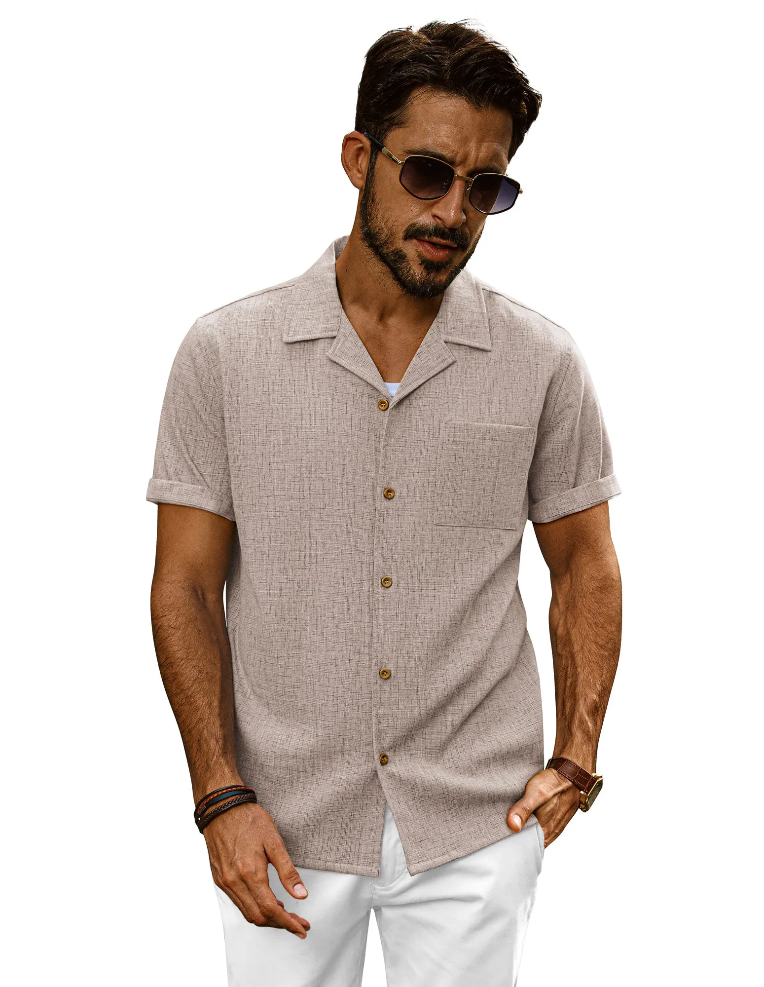 Men Basic Camp-Collar Shirt Casual Short Sleeve Button-up Tops