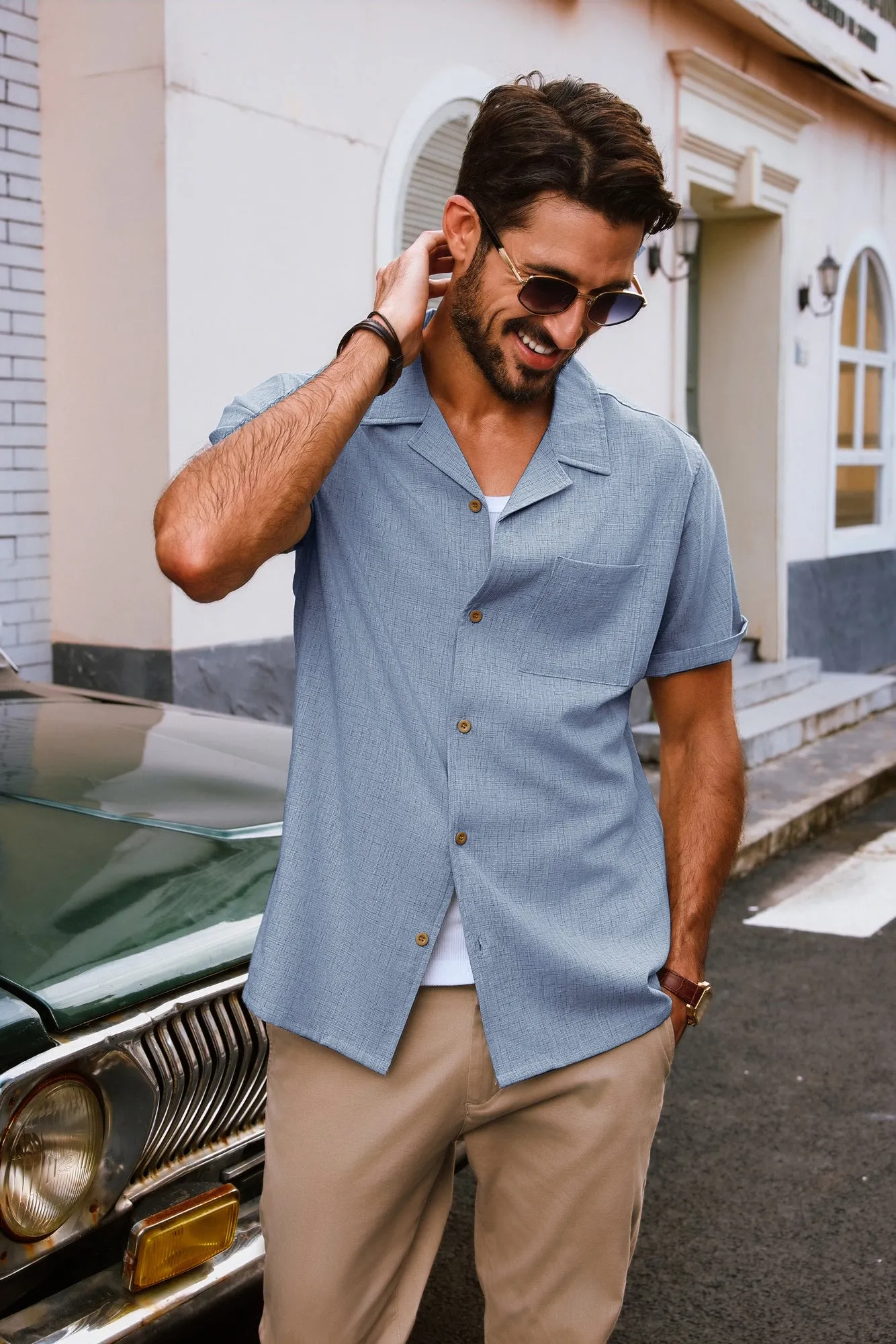 Men Basic Camp-Collar Shirt Casual Short Sleeve Button-up Tops