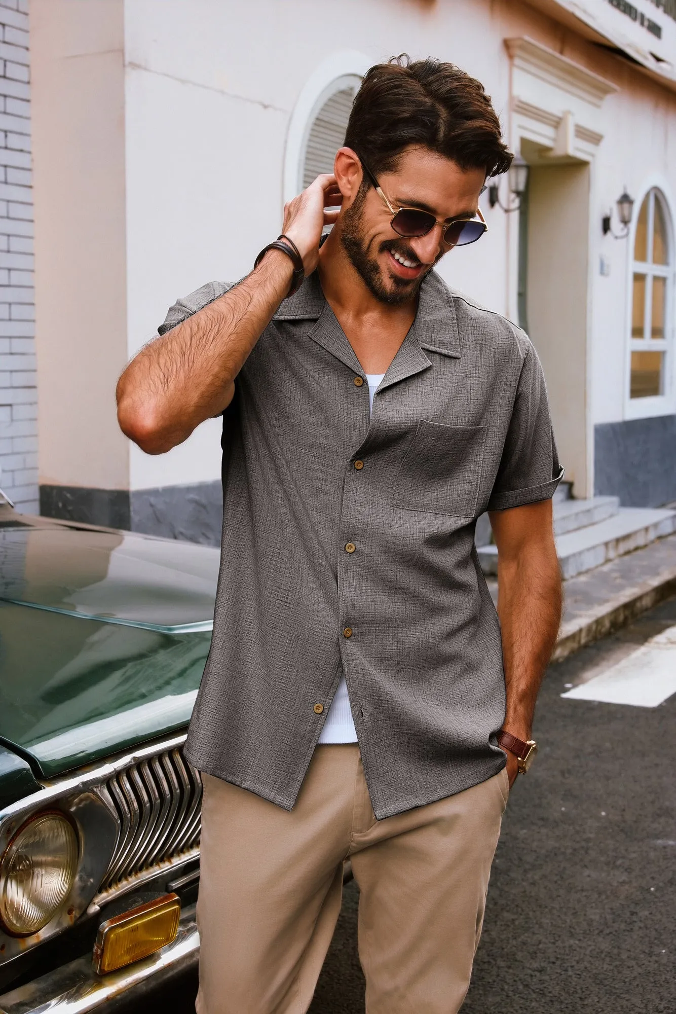 Men Basic Camp-Collar Shirt Casual Short Sleeve Button-up Tops