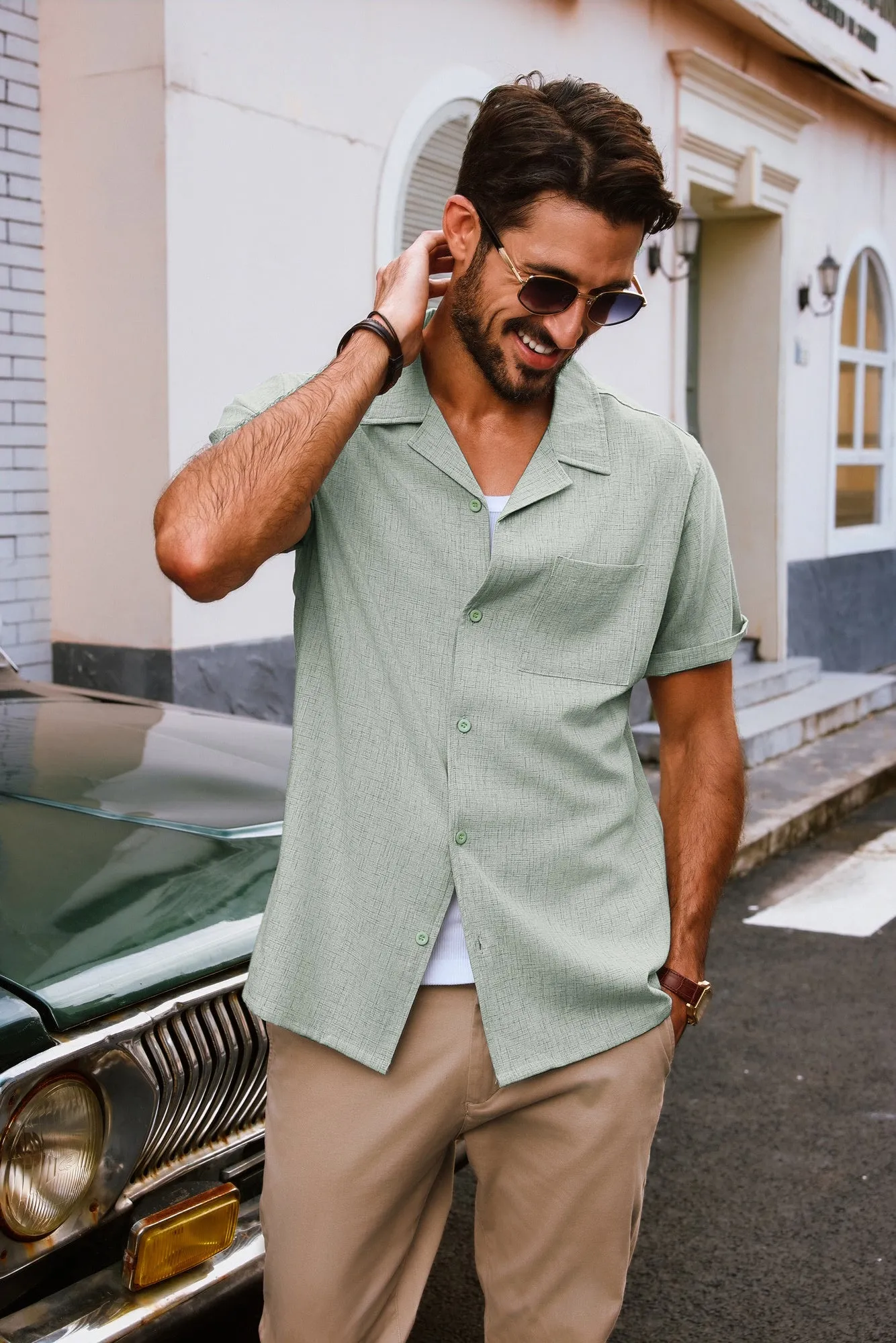 Men Basic Camp-Collar Shirt Casual Short Sleeve Button-up Tops