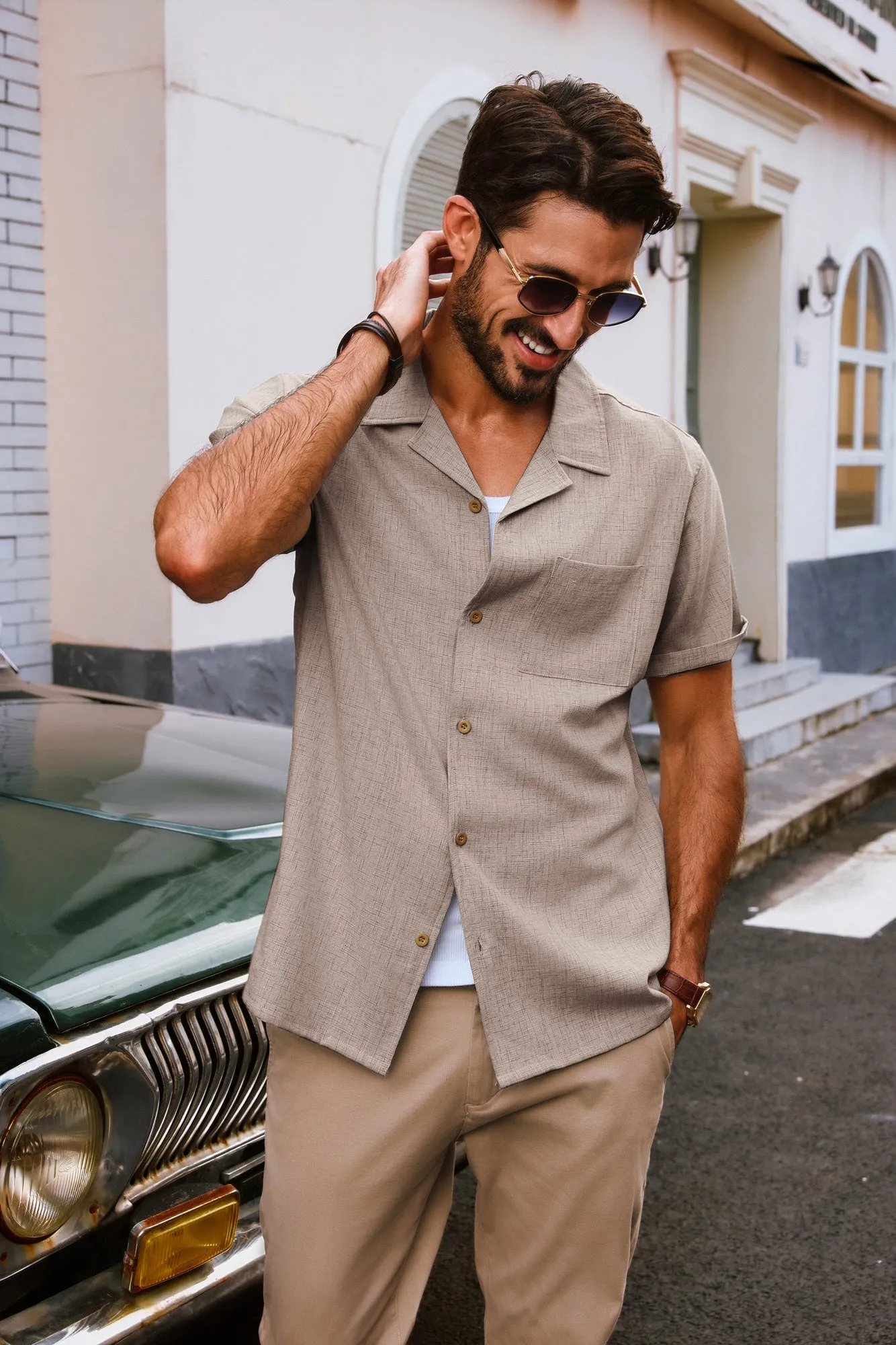 Men Basic Camp-Collar Shirt Casual Short Sleeve Button-up Tops