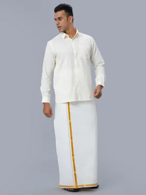 Men Full Sleeves Cream Shirt with Gold Jari 1/2" inch Single Dhoti Combo