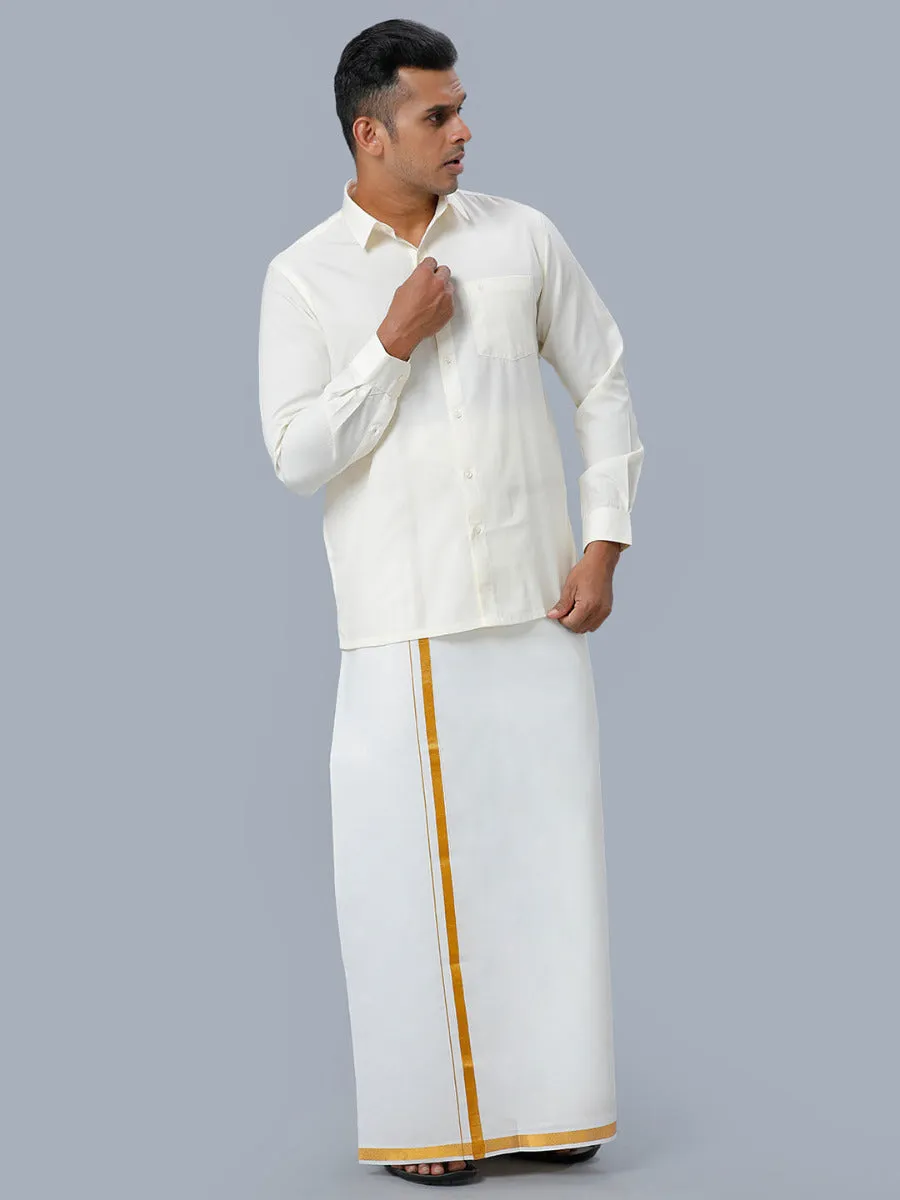 Men Full Sleeves Cream Shirt with Gold Jari 1/2" inch Single Dhoti Combo