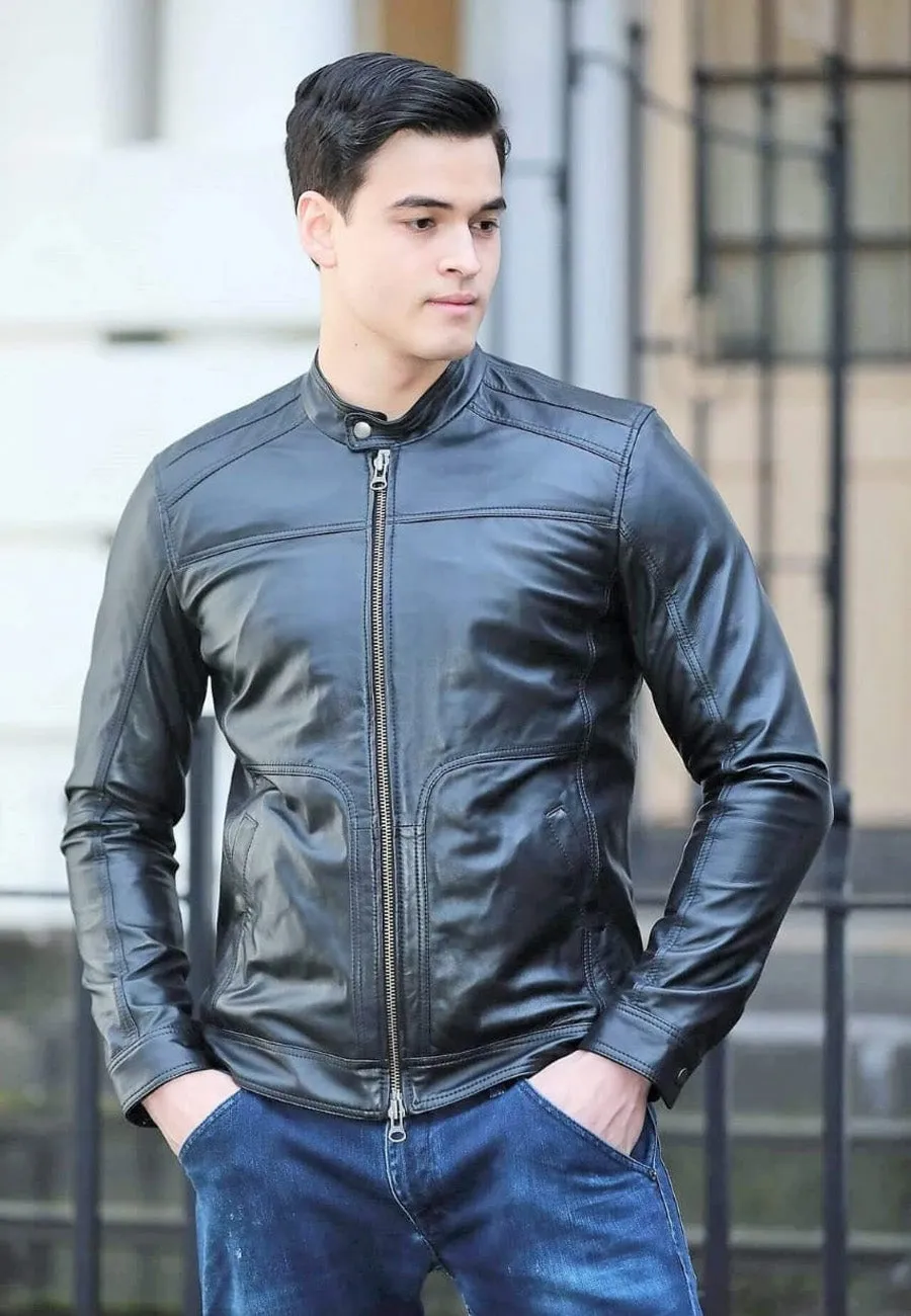 Men's Black Leather Jacket Crew Neck