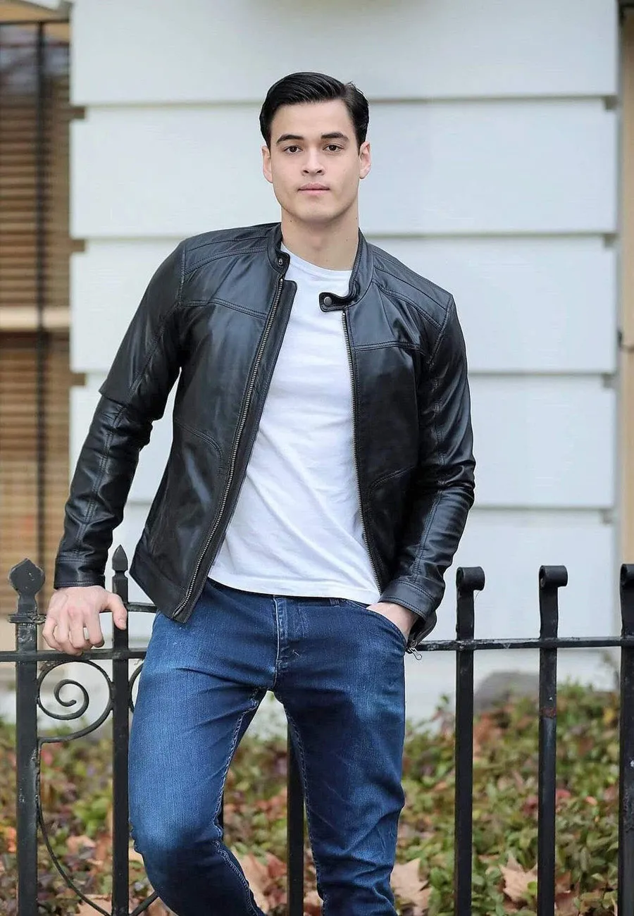 Men's Black Leather Jacket Crew Neck