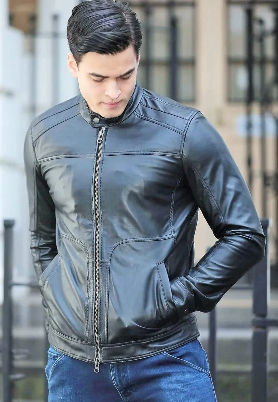 Men's Black Leather Jacket Crew Neck