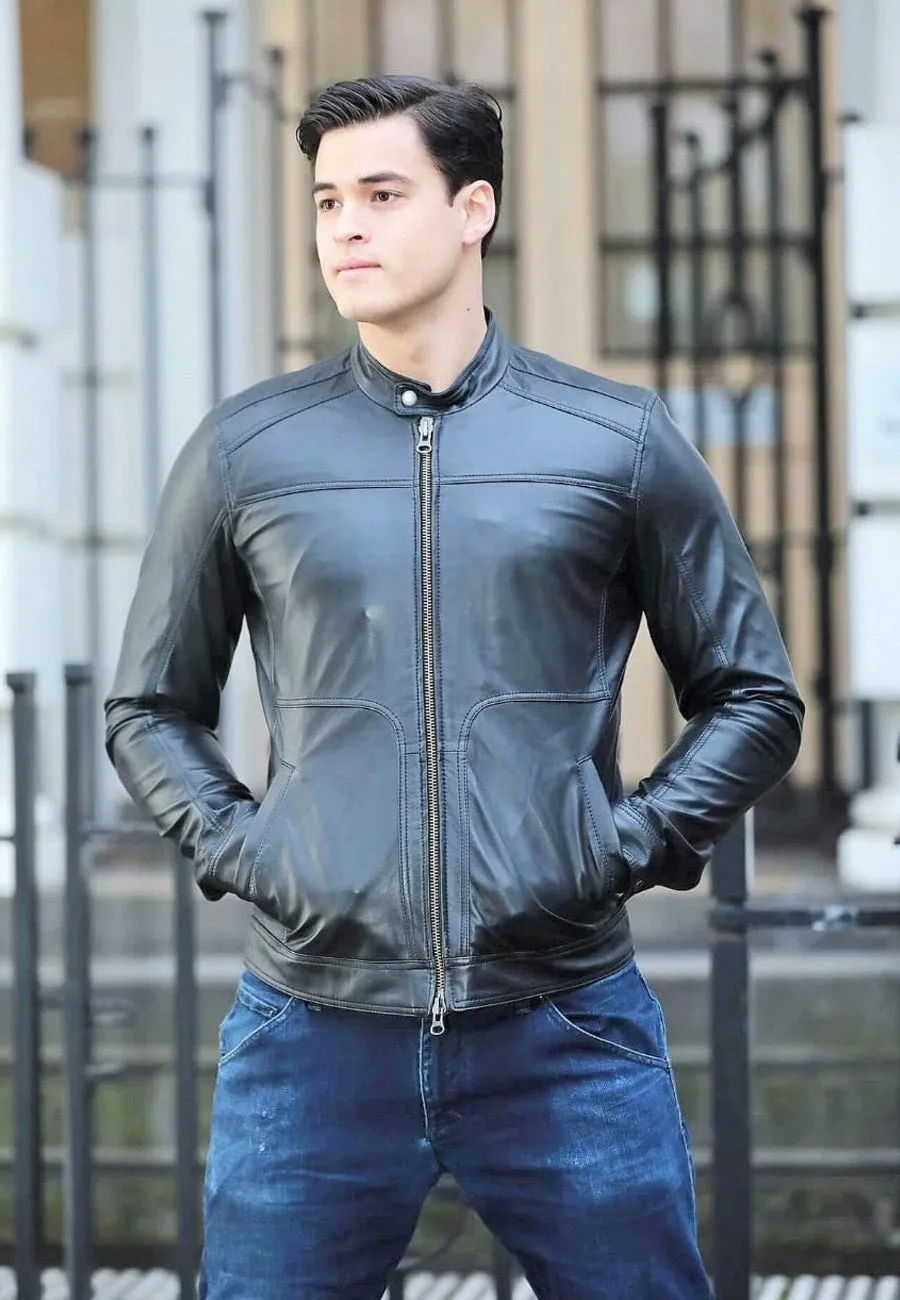 Men's Black Leather Jacket Crew Neck