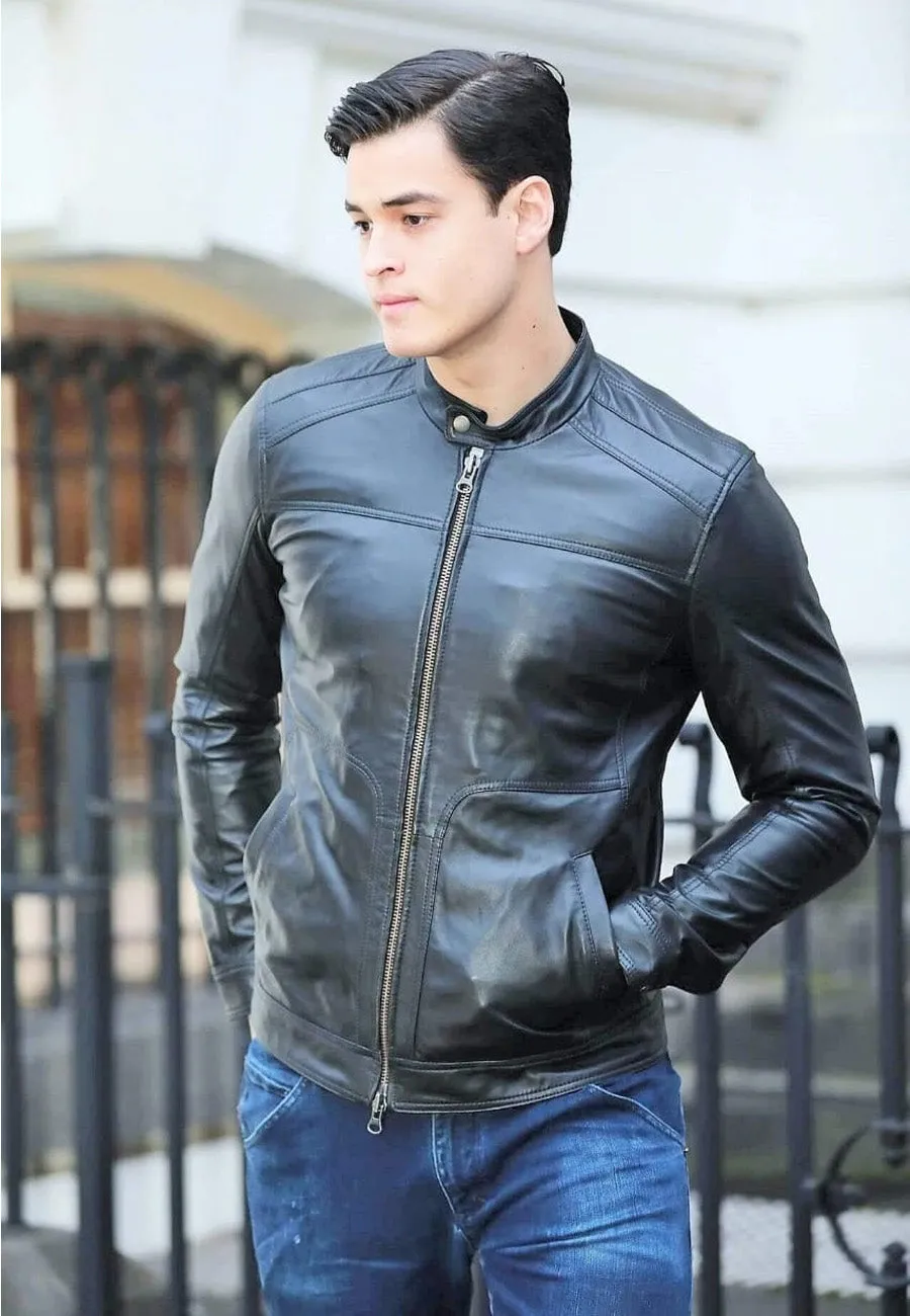 Men's Black Leather Jacket Crew Neck