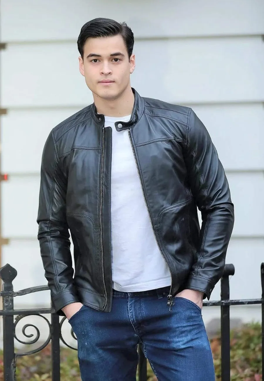 Men's Black Leather Jacket Crew Neck