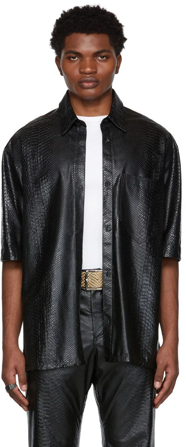 Men’s Black SnakeSkin Printed Leather Shirt