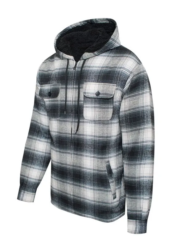 Men's Flannel Sherpa Lined Jacket with Hood