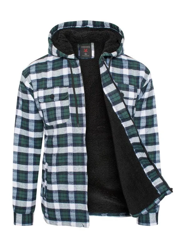 Men's Flannel Sherpa Lined Jacket with Hood