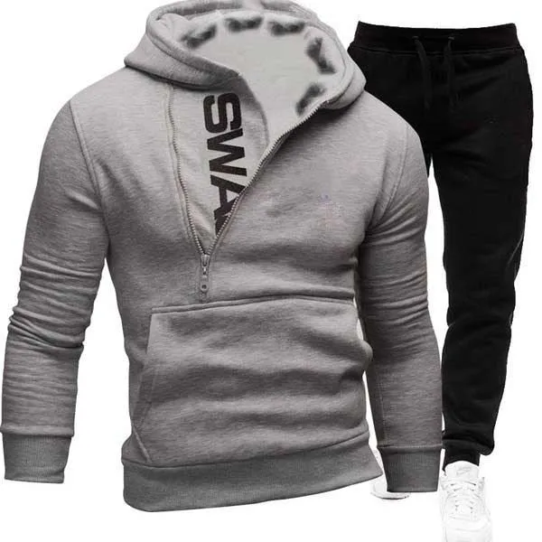 Men's Fleece Pullover Side Zipper Hooded Hoodies Joggers Two Piece Set