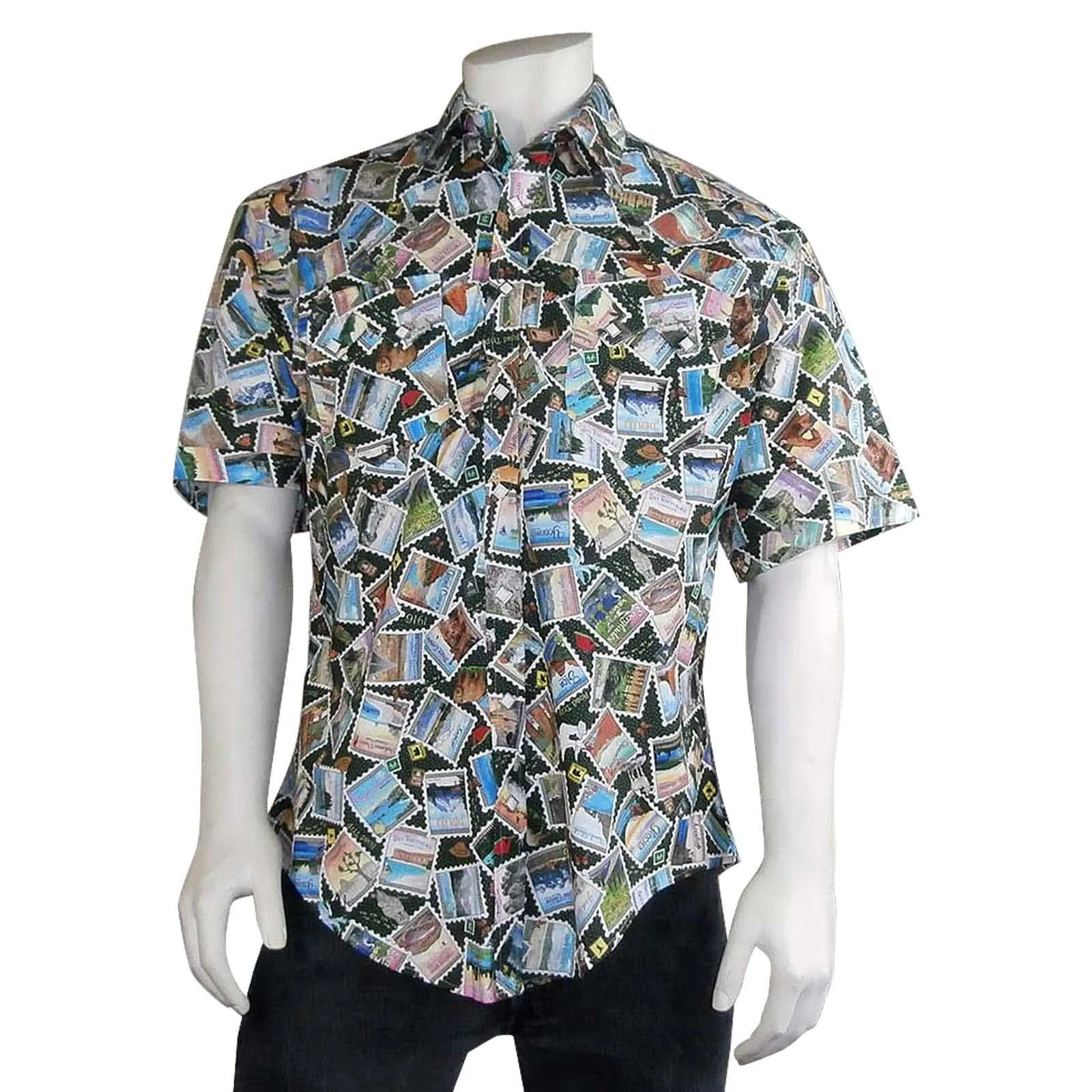 Men’s National Park Stamps Print Short Sleeve Western Shirt