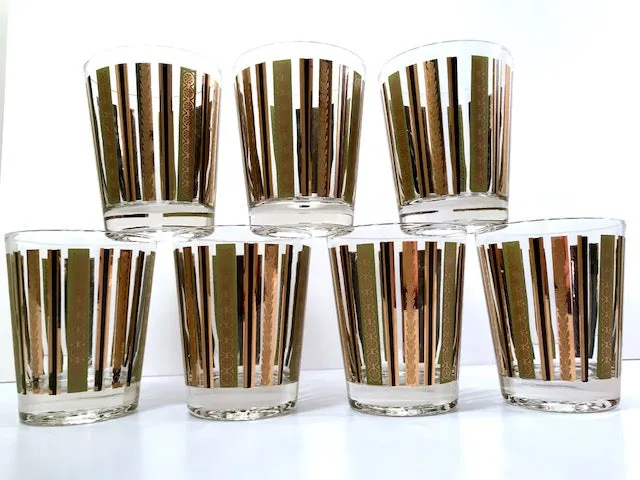 Mid-Century 22-Karat Gold and Green Stripes Double Old Fashion Glasses (Set of 7)