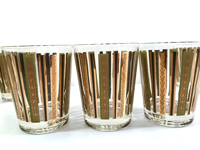 Mid-Century 22-Karat Gold and Green Stripes Double Old Fashion Glasses (Set of 7)