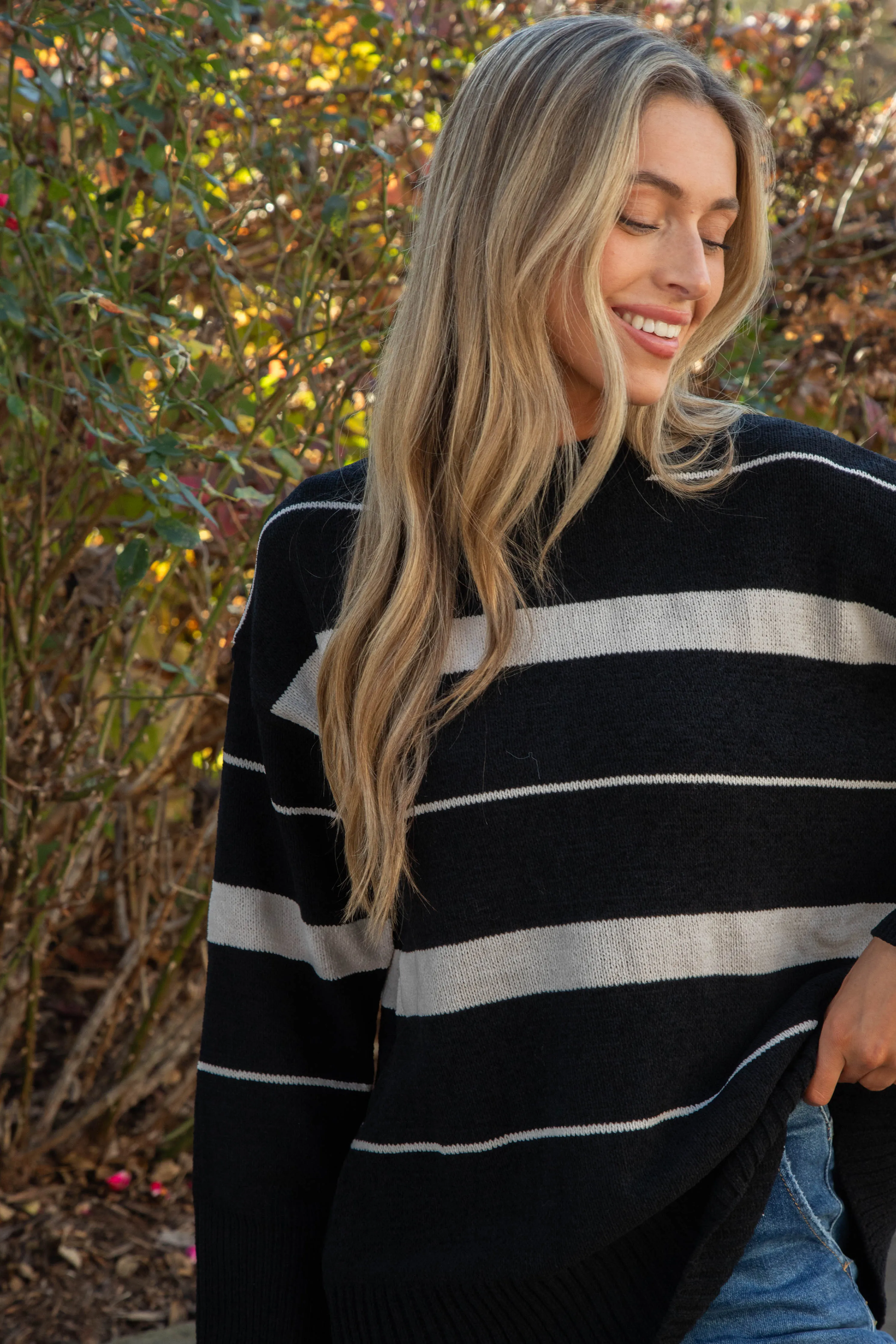 Modern Stripe Tunic Sweater, Black/Almond Stripe | Sanctuary