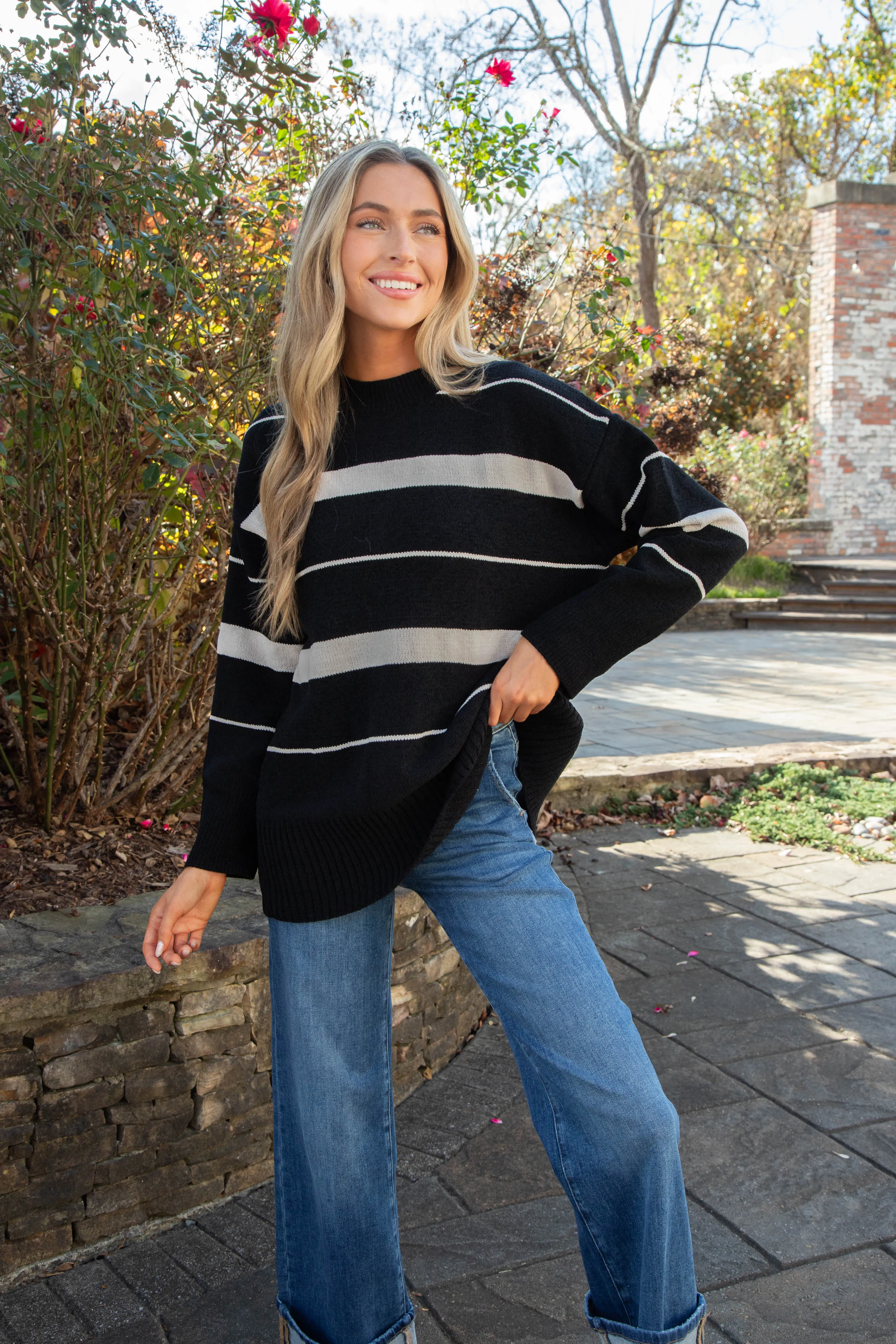 Modern Stripe Tunic Sweater, Black/Almond Stripe | Sanctuary