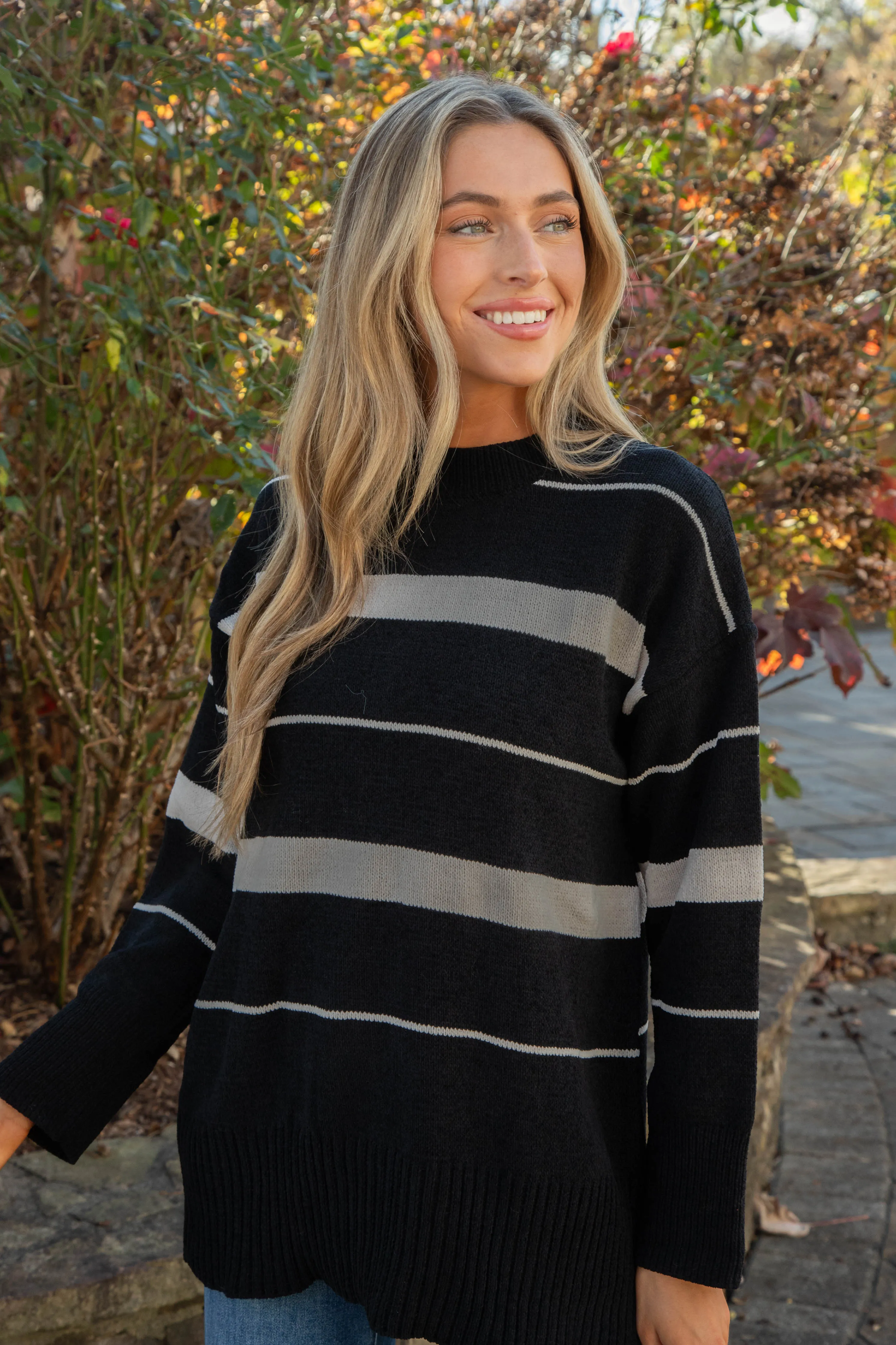 Modern Stripe Tunic Sweater, Black/Almond Stripe | Sanctuary